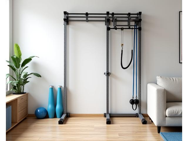 Compact home gym setup in a corner of an apartment living room
